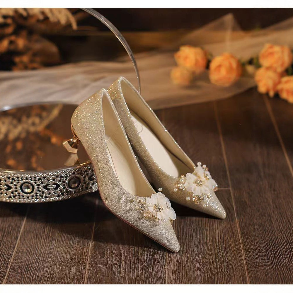 2025 new floral wedding shoes for women, pointed-toe stiletto heel, low-cut bridal shoes