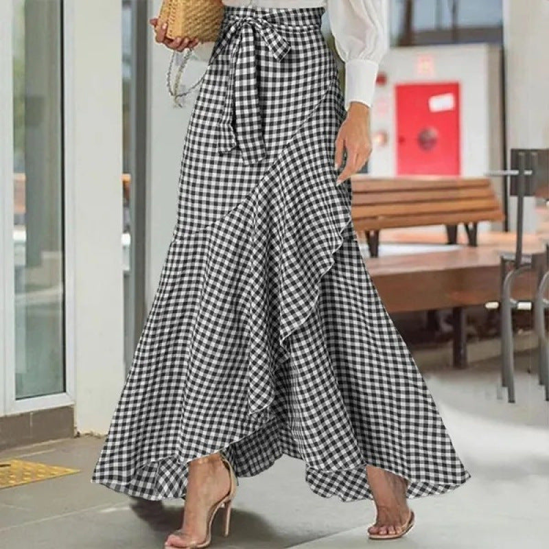 women's plaid mermaid skirt rufflesasymmetrical hemhigh waistcasual umbrella wrap long skirt