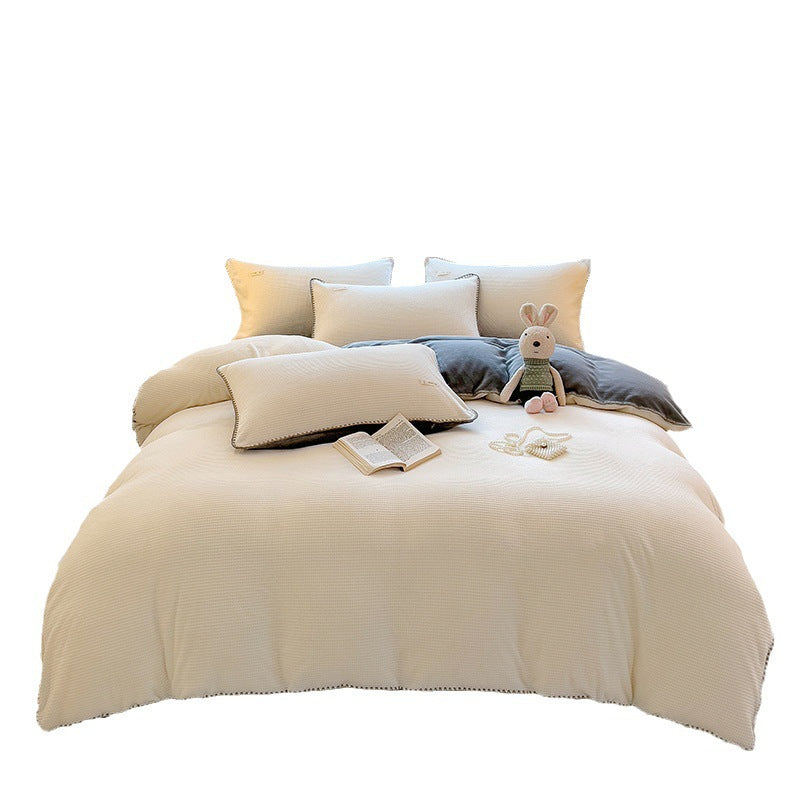 Solid color milk fleece four-piece set, shell edge waffle quilt cover, winter coral fleece sheet quilt cover, bed three-piece set
