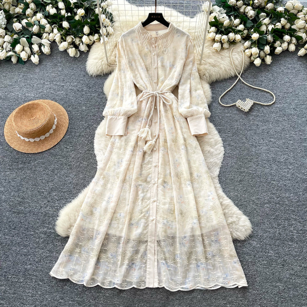 French romantic lantern sleeve printed dress - women's  autumn collection - slim fit a-line maxi dress - commute chic & elegant