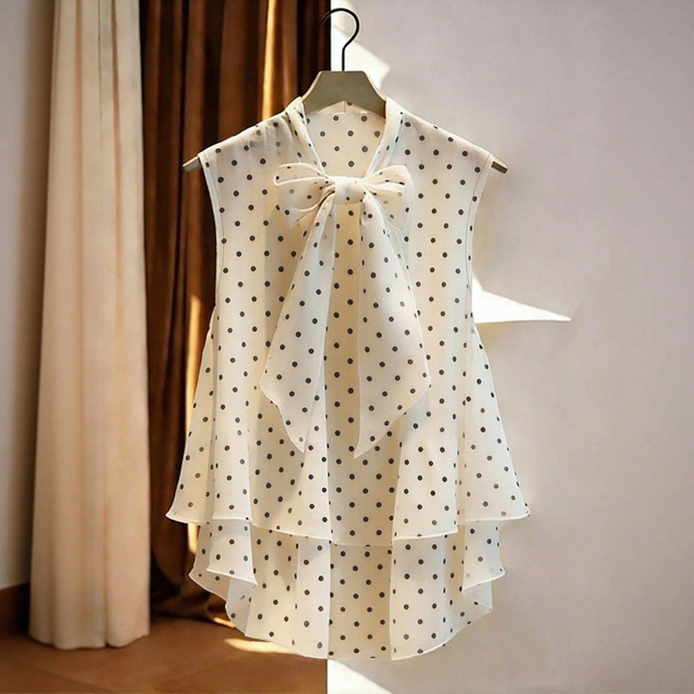 new european and american sleeveless chiffon polka dot blouse - women's vest style, chic tie-up bow shirt