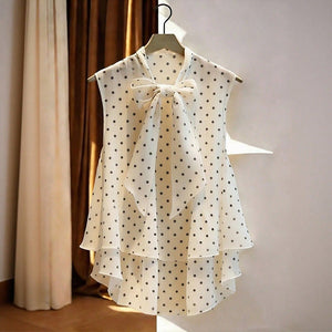 new european and american sleeveless chiffon polka dot blouse - women's vest style, chic tie-up bow shirt