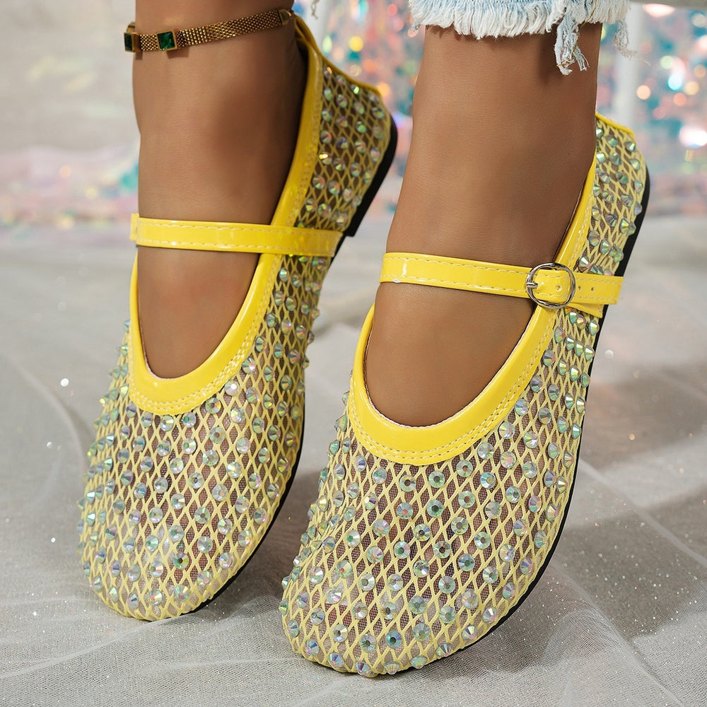 Women's flat shoes for cross-border e-commerce:  summer new collection - mesh mary janes with rhinestone embellishments, single strap casual flats