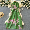 Fashion style large version dress women's fashion styleeasiest for match lapel waist strap mid-length pleated printingoutwear