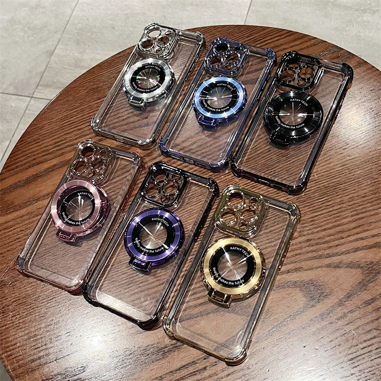 Four-corner anti-fall electroplating suitable for apple 16pro ring holder mobile phone case iphonexr/12 transparent protective cover