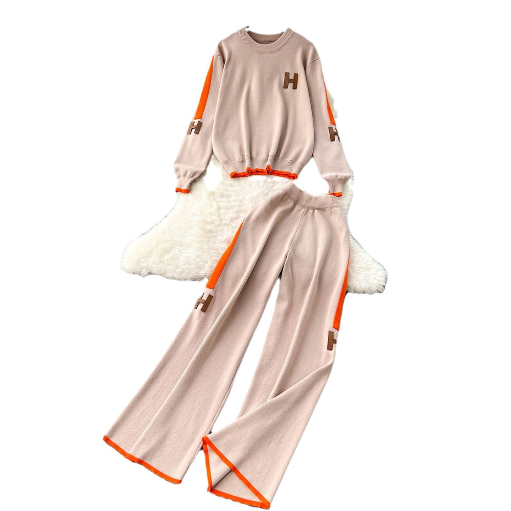 Trendy letter embroidered knit top long sleeve sweater high waist wide leg pants casual sporty two-piece set for women