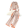 Trendy letter embroidered knit top long sleeve sweater high waist wide leg pants casual sporty two-piece set for women