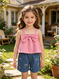 cross-border girls' playful & cute cami top + embroidered denim shorts set with bow detail