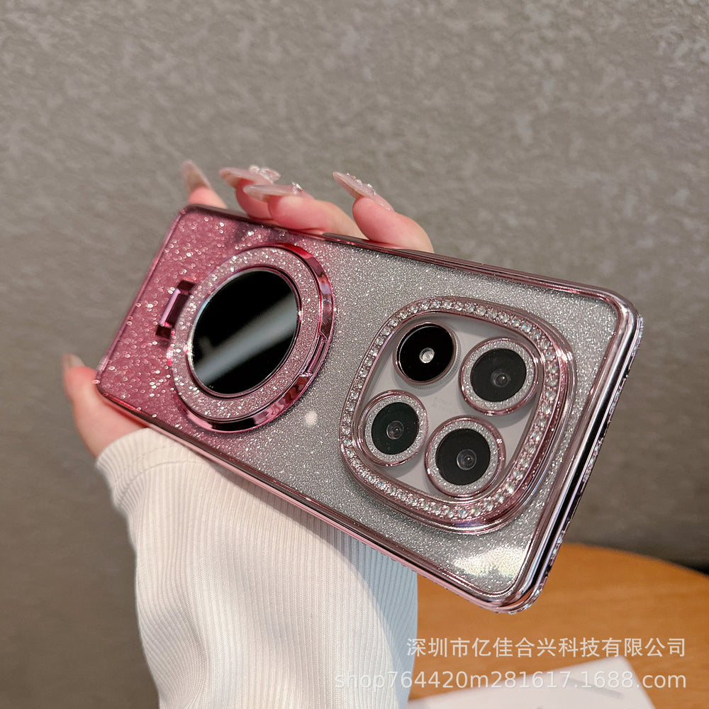 Suitable for redmi note15pro rhinestone electroplating makeup mirror mobile phone case xiaomi 14t all-inclusive glitter magnetic holder
