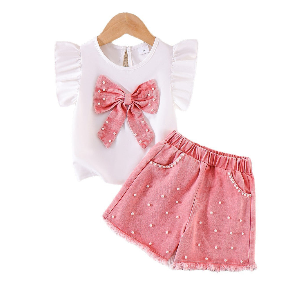 exclusive for european and american girls new arrival children's white flying sleeve t-shirt + blue shorts