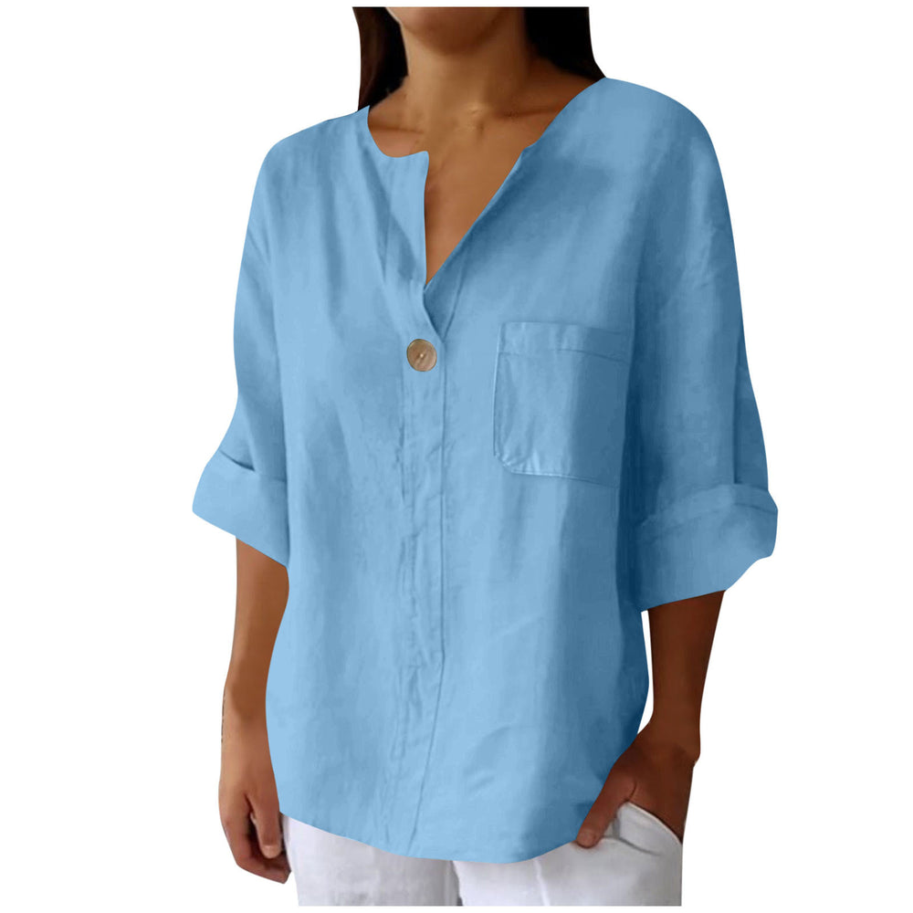 cross-border fashion summer new loose t-shirt women's v neck cotton and linen button tops