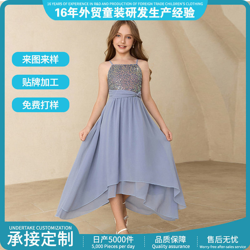 Girls' dress with asymmetrical hem design, suspender skirt, sequin patchwork, big kids' dress, european and american style, cross-border ready stock
