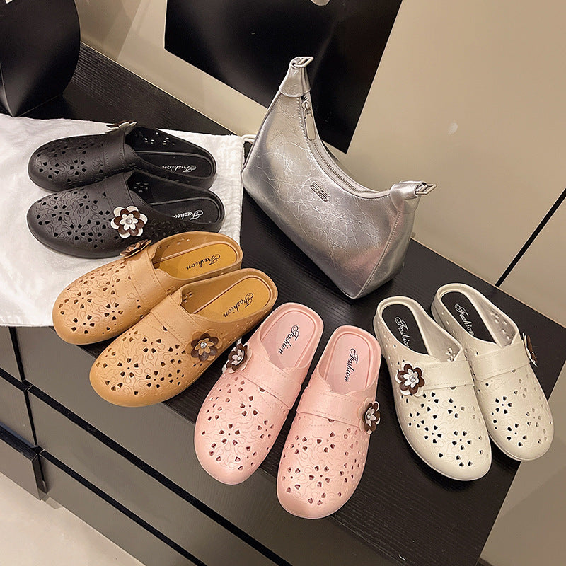 2026 new women's open-toe hollow-out flat sandals with colorful floral design - casual closed-toe slippers