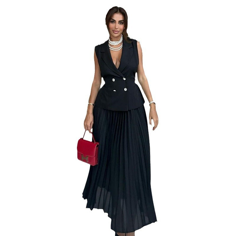 Fashion cross-border women's clothing  summer new arrivalelegant lapel sleeveless double breasted tops pleated skirt casualsuit