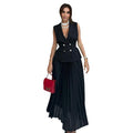 Fashion cross-border women's clothing  summer new arrivalelegant lapel sleeveless double breasted tops pleated skirt casualsuit