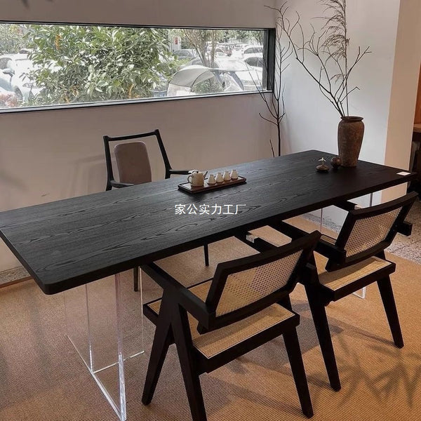 Wabi Sand wind carbonized black solid wood dining table log large board worktable minimalist wind acrylic suspended office tea table
