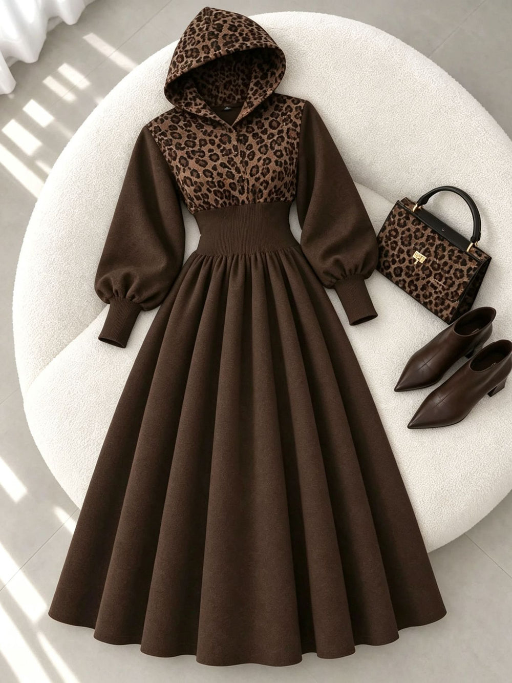 cross-border fashion women's versatile casual hooded leopard print patchwork a-line long slimming dress