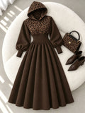 cross-border fashion women's versatile casual hooded leopard print patchwork a-line long slimming dress