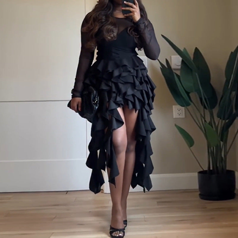 European and american cross-border women's fashion:  autumn new arrivals - sexy, elegant, slim-fit ruffle evening gown, long sleeve dress