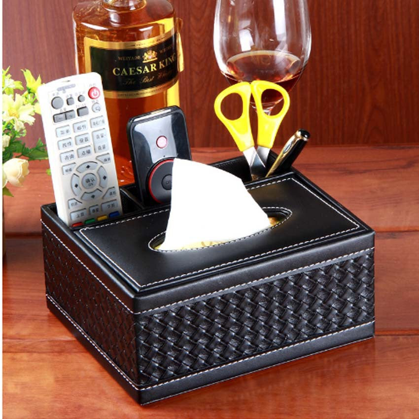 Hotel multi-functional leather PU tissue box, creative household leather woven pattern paper box, European remote control