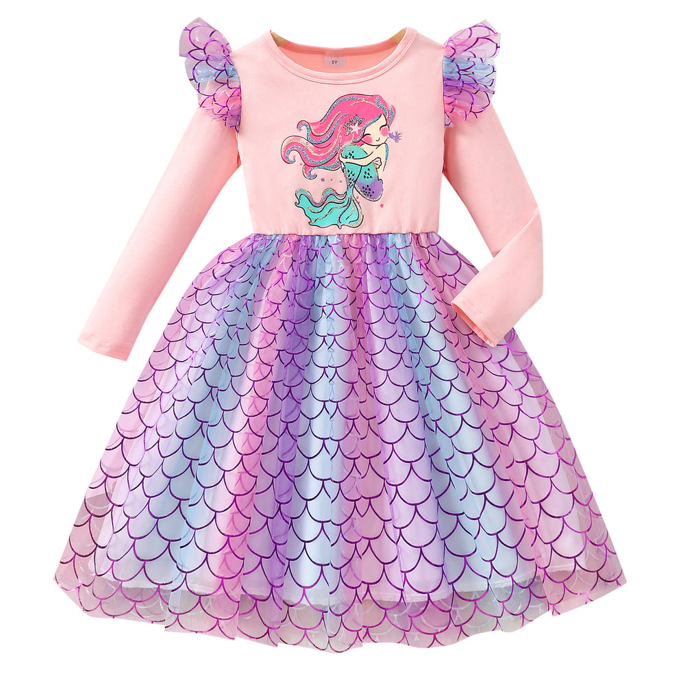Children's long sleeves round neck mermaid fish scale mesh dress