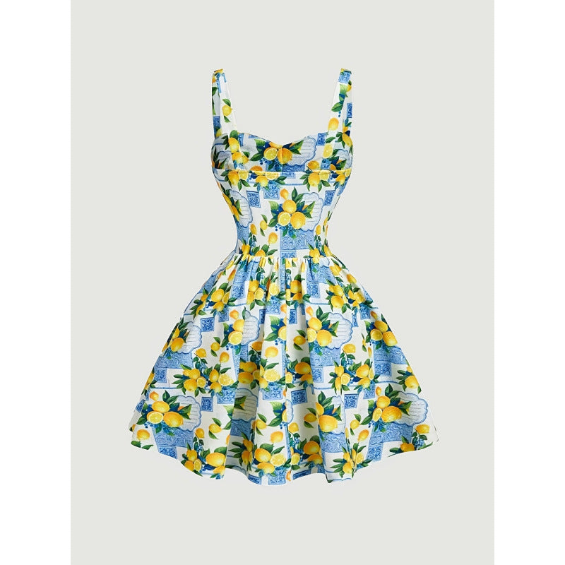 Women's new summer french romantic elegant printed tie-waist a-line mini slip dress