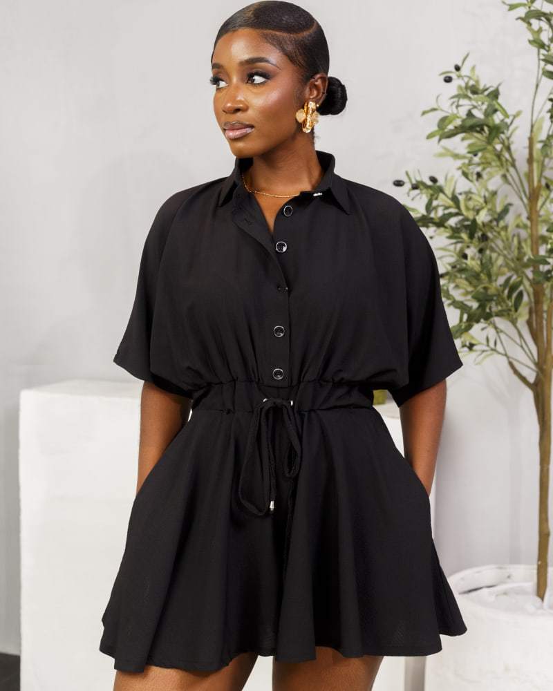 European and american cross-border women's fashion:  autumn/winter new collection - solid color short-sleeve shirt collar, cinched waist, drawstring, elegant dress