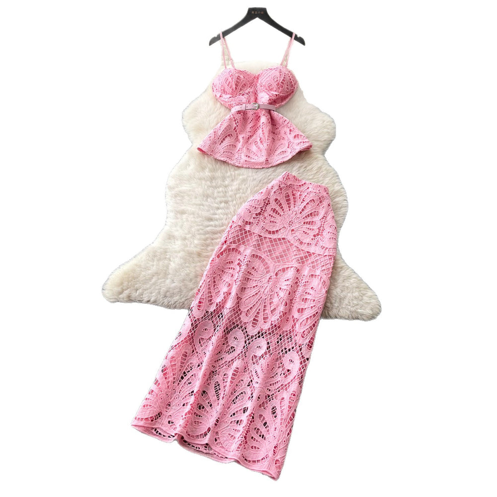 French cut outlace camisole high waist skirttwo-piece set female summer gentle intellectual elegantfashionsuit