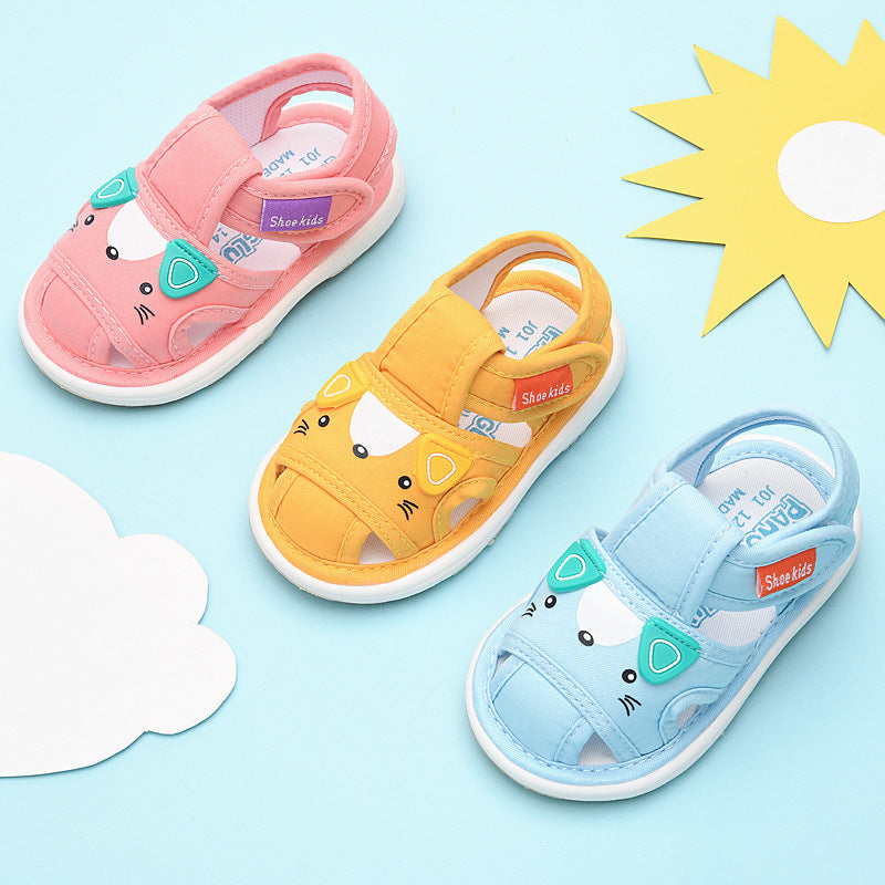 Baby cloth sandals for boys, summer, ages 0-1-2-3 years, infant anti-slip soft sole squeaky shoes, girls' first walker shoes, baby shoes