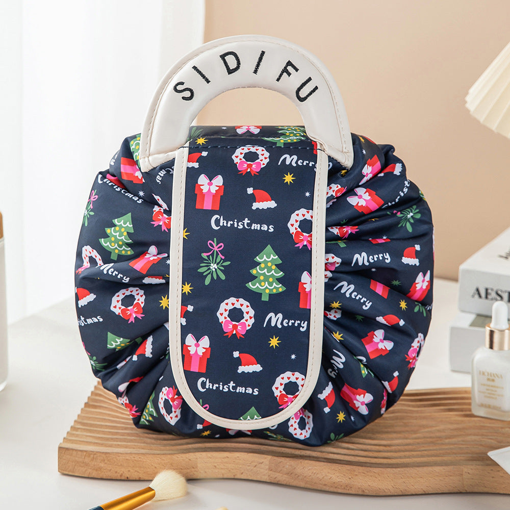 Printed Lazy Cosmetic Bag Twill Drawstring Storage Bag Large Capacity Portable Bundle Mouth Bag Travel Christmas Wash Bag