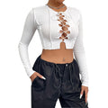 women's clothing  autumn and winter cut out strap super short round neck t-shirtfashioneasiest for match ribbed long sleevestops