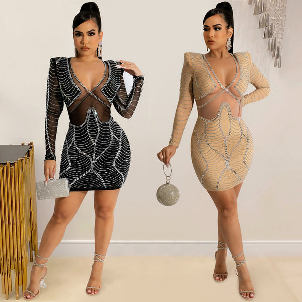 X5656    fashion sexy women's clothing nightclub long-sleeved hot diamond mesh see-through dress