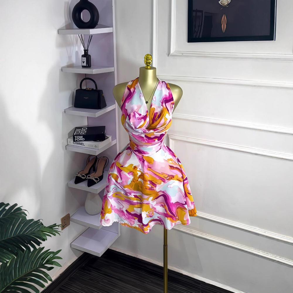 European and american cross-border women's fashion:  autumn new sleeveless off-the-shoulder tie-waist printed mini dress