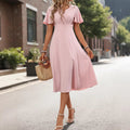 French chic dress - new summer collection: short sleeve v-neck a-line midi dress - perfect for vacation, work, and everyday wear