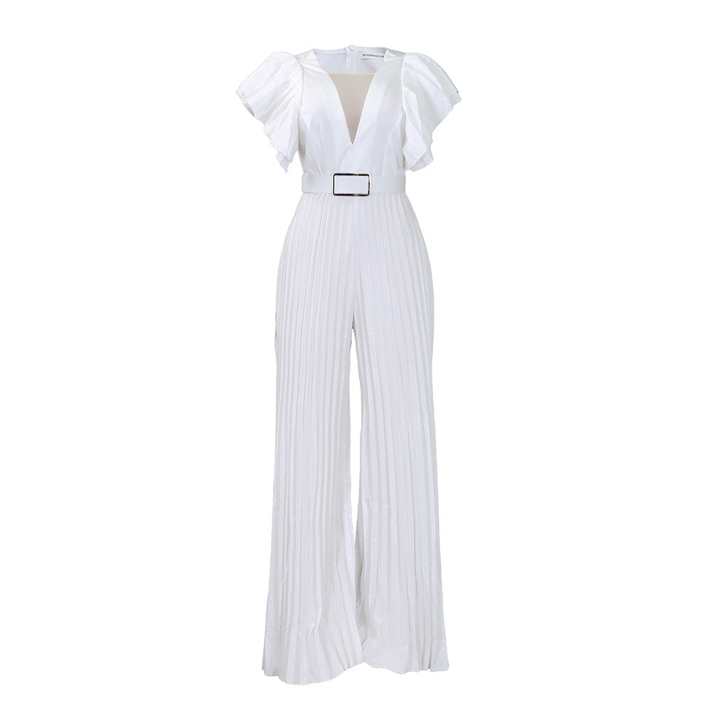 D291 plus size women's jumpsuit with belt - new european and american style, mesh, see-through, sexy, pleated, wide leg, cinched waist, export quality