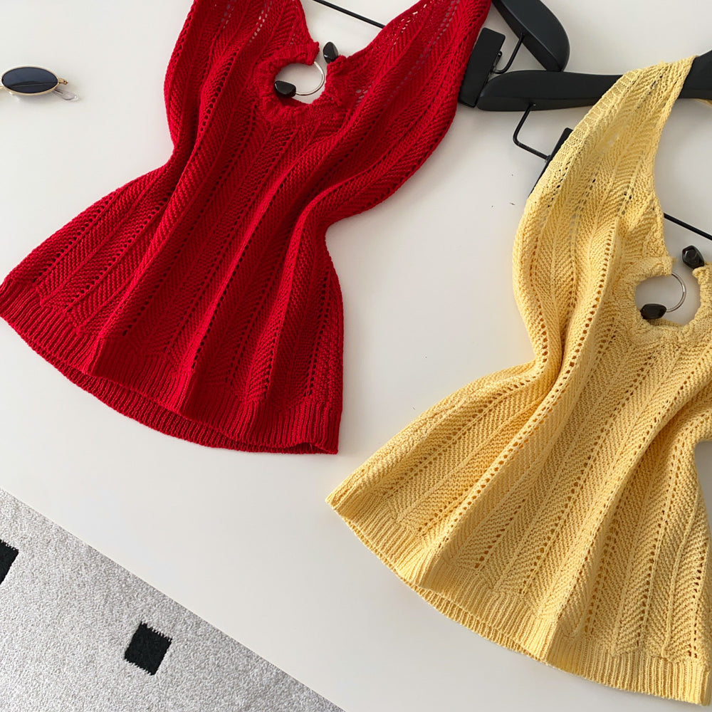 Korean style halter knit cutout camisole - women's summer outerwear, designer cutout slim fit, commute chic top