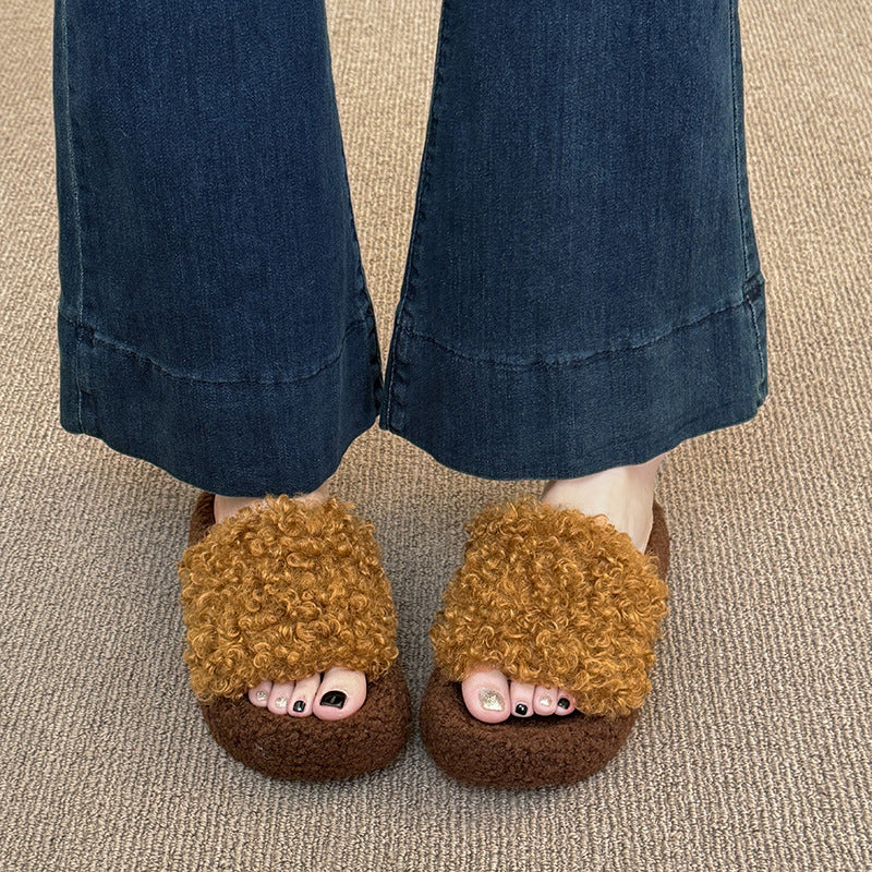 Fall and winterthick sole lambswool cotton slippers for women new arrivalk-stylesweet fur slippers with one strap fleece-lined cotton slippers for women