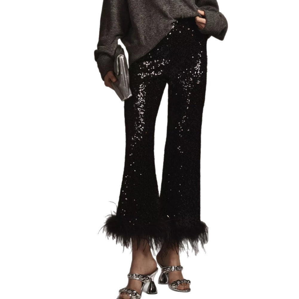 slimming independent station  european and american women's clothing sequinpants raw edge decoration fashion low waist nightclub pants