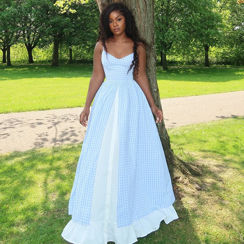 European and american cross-border women's fashion  summer new arrival: elegant, fresh, blue plaid patchwork vacation sundress