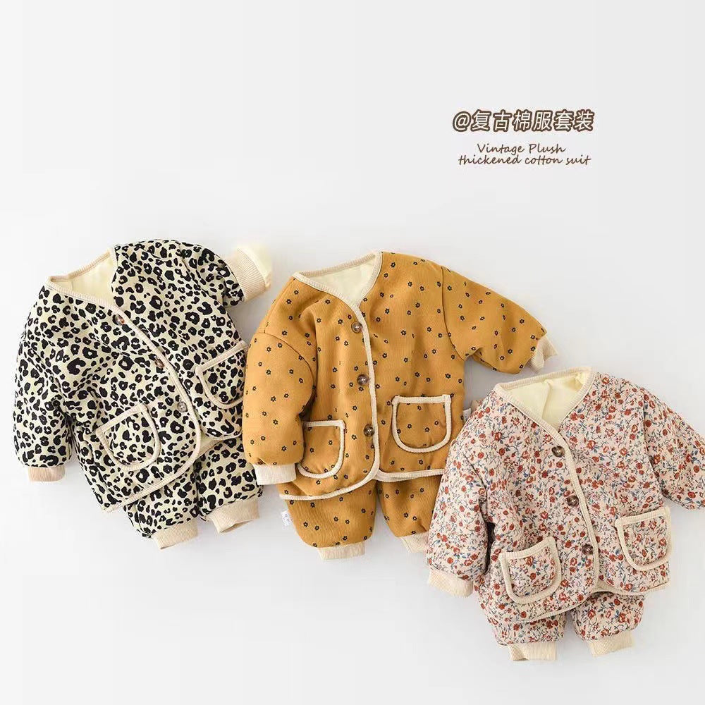 Newborn baby cotton outfit set - fleece-lined lightweight cotton two-piece winter set - korean style fashion set for baby girls