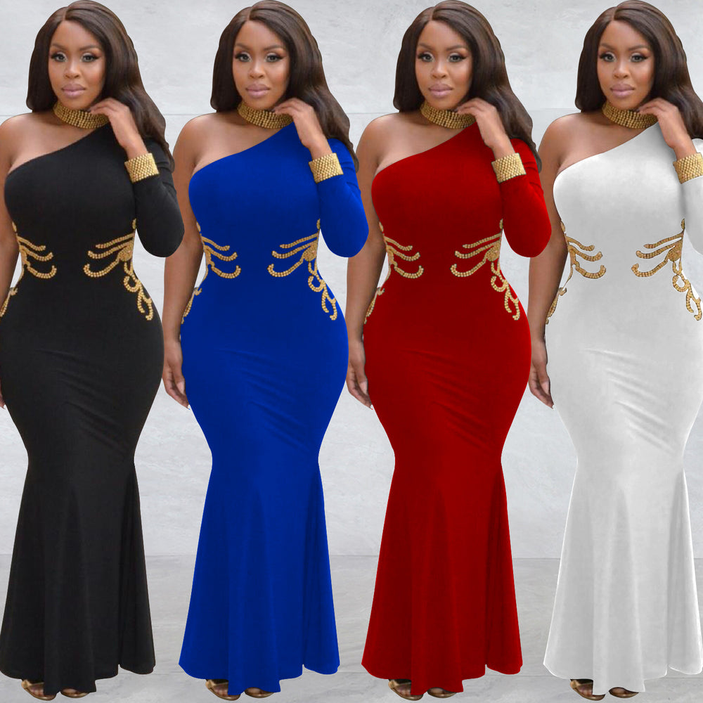 C6101 cross-border   fashion women's solid color rhinestone one-shoulder long sleeve maxi dress