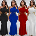 C6101 cross-border   fashion women's solid color rhinestone one-shoulder long sleeve maxi dress