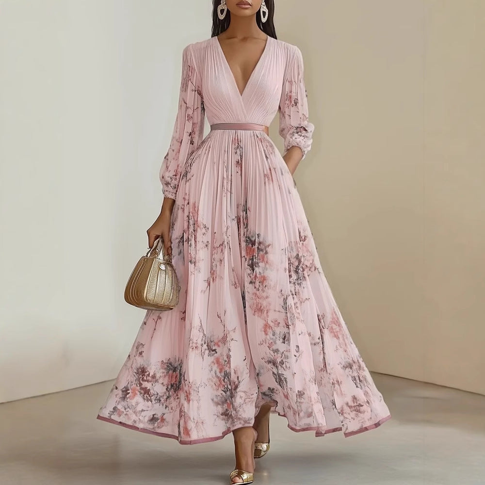 cross-border european and american women's clothing: new autumn fashion casual printed v-neck pleated a-line maxi dress