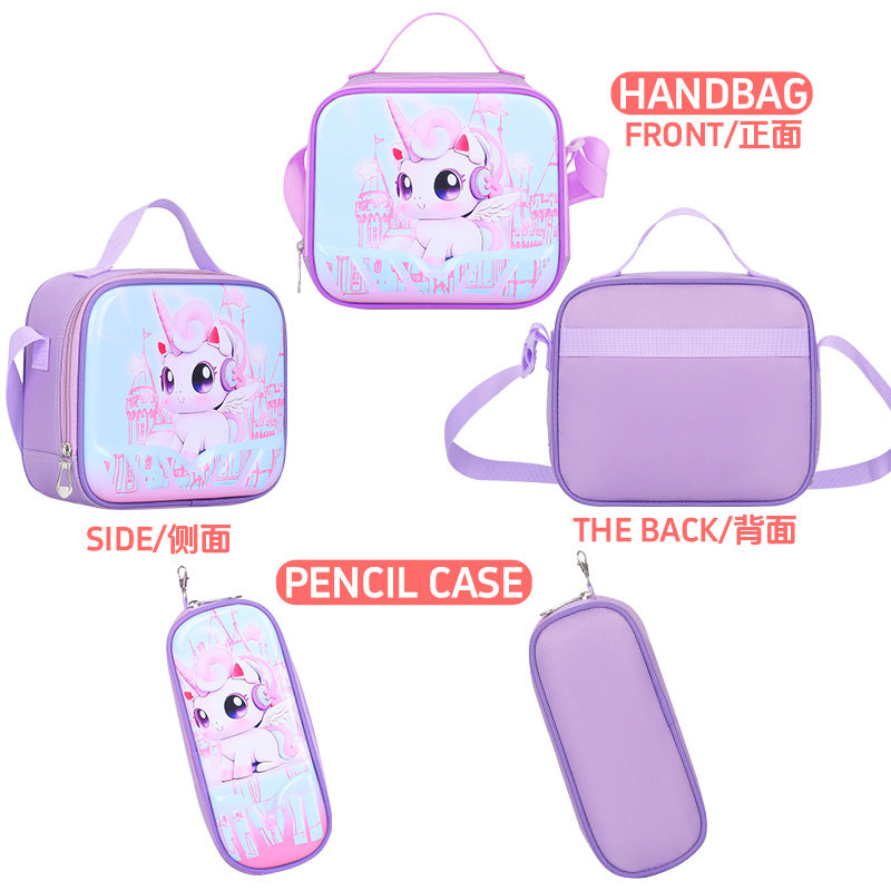 New 3d leather elementary school nylon fabric three-piece set kids' trolley backpack foreign trade lunch bag factory in stock