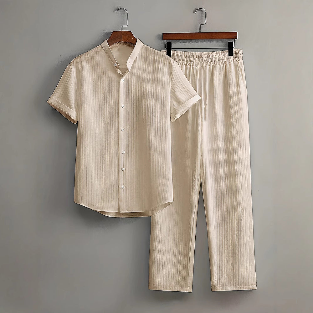 fashionmensuitcasualpure color short-sleeved shirt multi-color beach slub wrinkled short-sleeved pants two-piece set