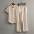 fashionmensuitcasualpure color short-sleeved shirt multi-color beach slub wrinkled short-sleeved pants two-piece set