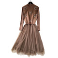 Premium women's fall/winter outfit: cherry rhinestone embellished round neck sleeveless vest + long sleeve knit & mesh panel dress