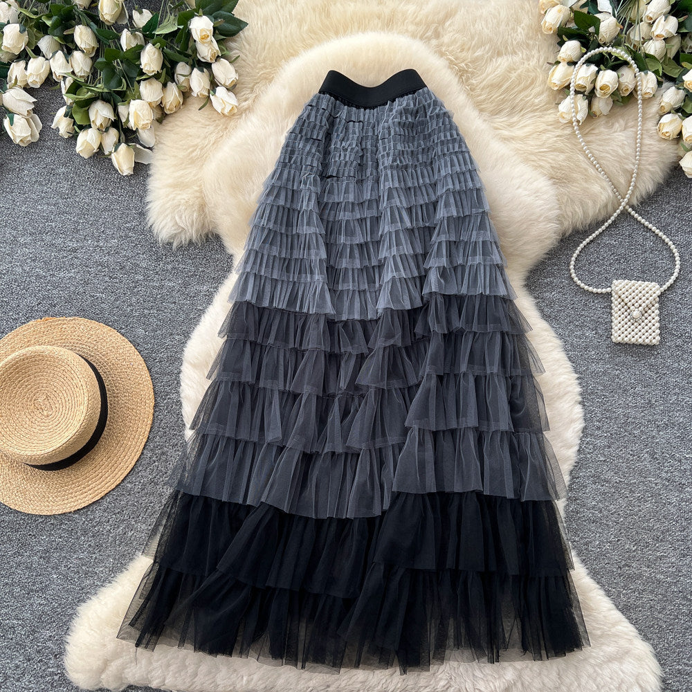K-stylehigh waist mesh cake elegant skirt women's summerslimming look to cover the crotch multi-layer puffy skirt easiest for match medium long