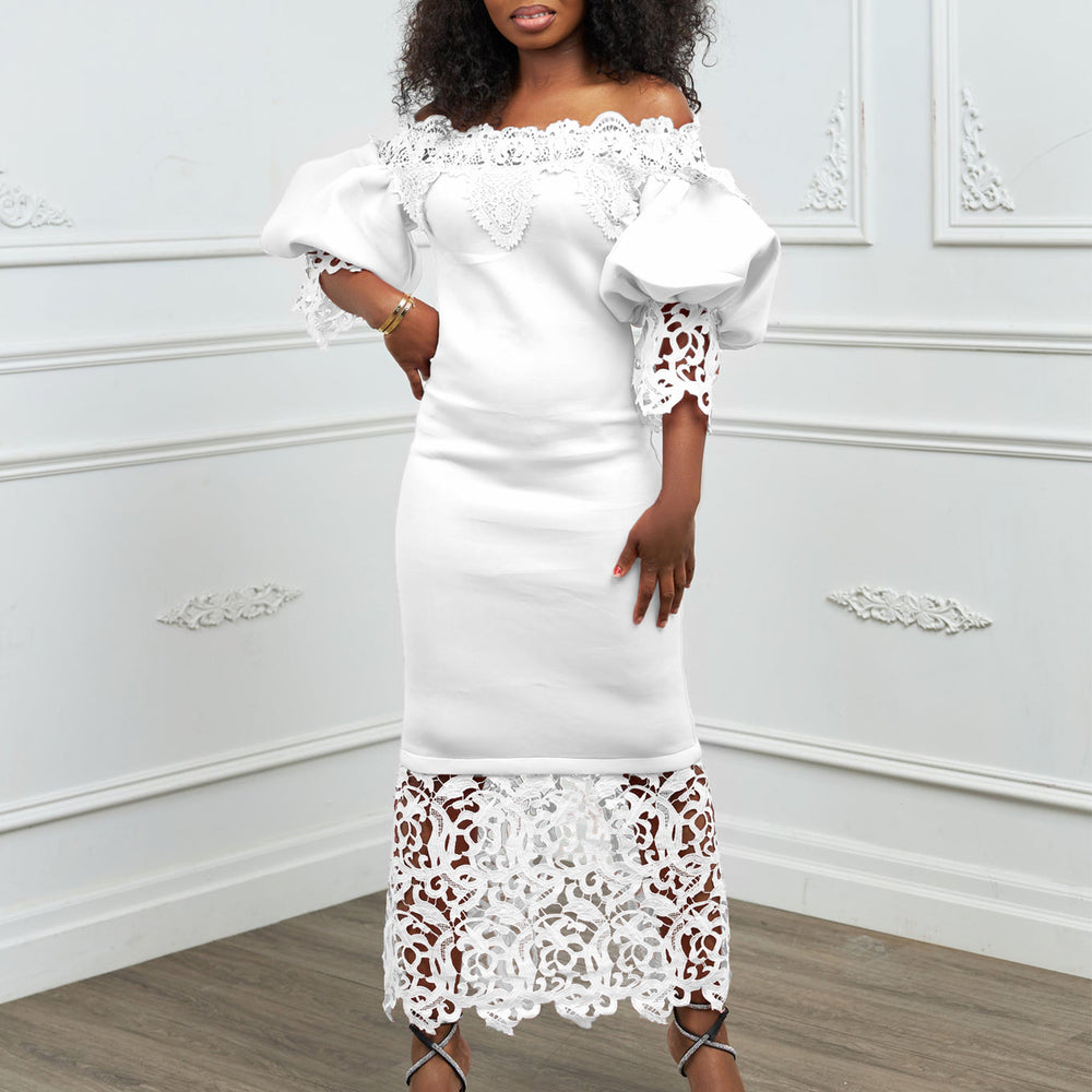 women's new one-line collar lacepatchwork banquet evening dress lantern sleeve ol bridesmaid dress exportdress