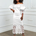 women's new one-line collar lacepatchwork banquet evening dress lantern sleeve ol bridesmaid dress exportdress